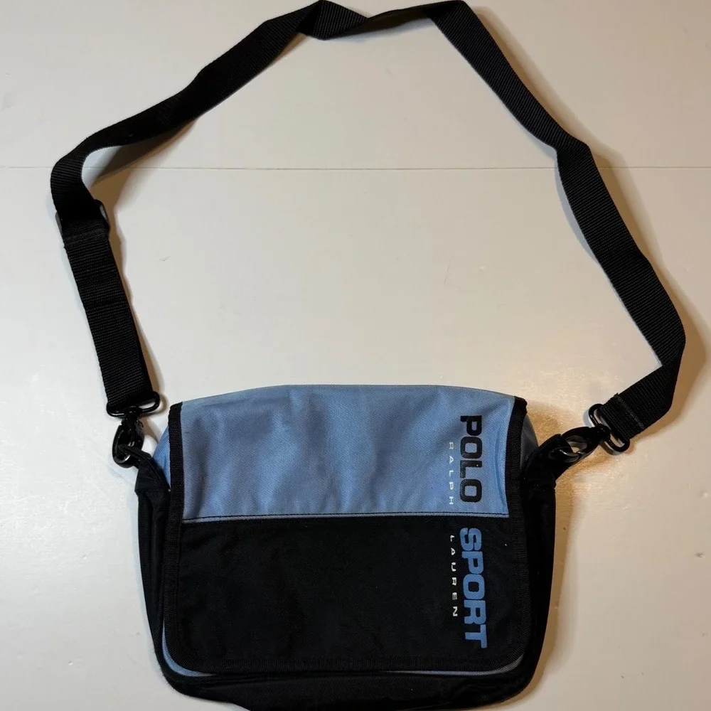 Vintage Polo Sport Messenger Bag Small Blue Black Nylon Crossbody 90s